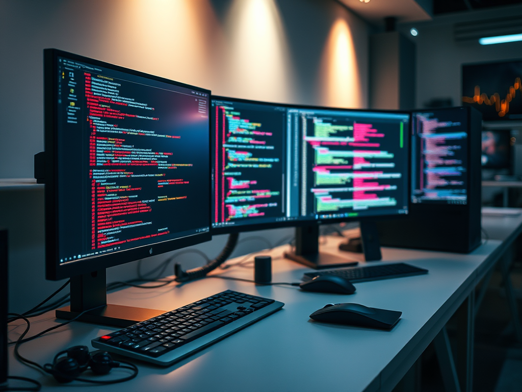 Multiple screens with code written on them