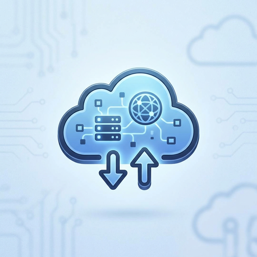 Blue cloud icon with data servers, network globe, and upload/download arrows